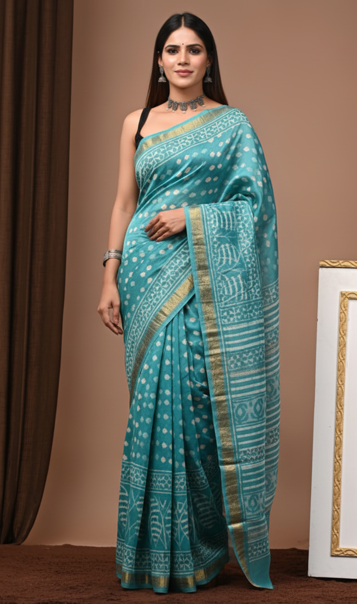 Turquoise Blue Traditional Hand Block Print Maheshwari Silk Saree with Golden Zari Border – Pure Handloom Elegance