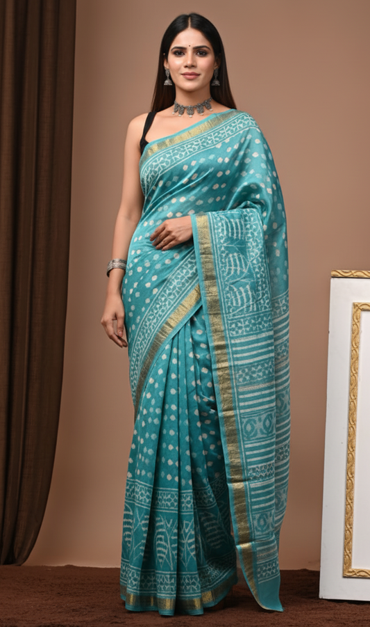 Turquoise Blue Traditional Hand Block Print Maheshwari Silk Saree with Golden Zari Border – Pure Handloom Elegance