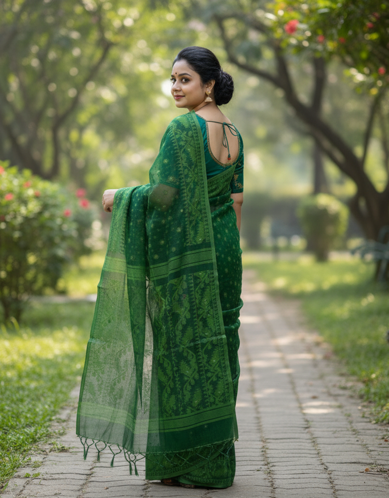 Elegant Green Pure Soft Jamdani Saree | Traditional Bengali Handwoven Cotton Saree with Intricate Weaving & Zari Detailing