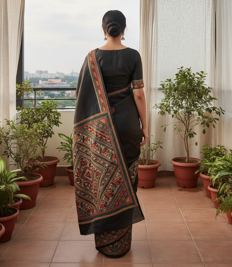 Black Tussar Ghicha Silk Saree with Madhubani Hand Painting – Traditional Handloom Art Saree