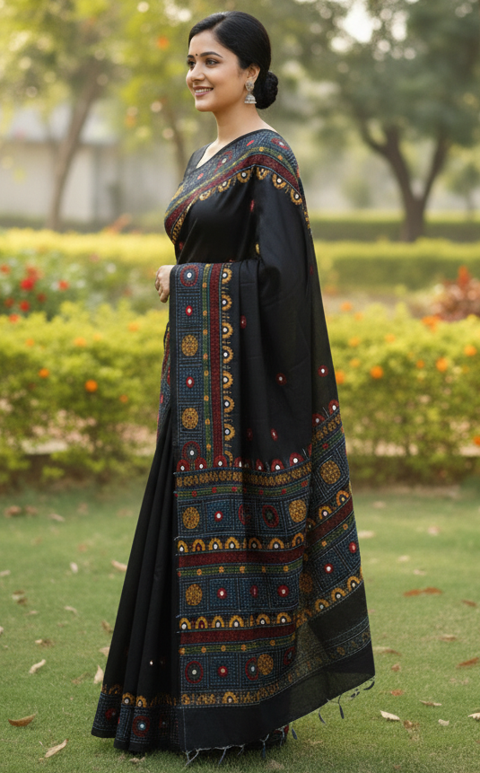 Black Bangalore Blended Silk Lambani Stitched Saree