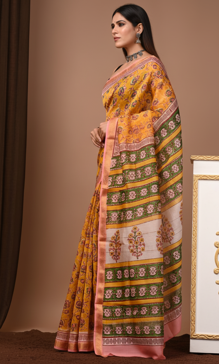 Exclusive  Traditional Block Print Maheshwari Silk Saree with Zari Border | Handloom Saree by Tiyaz
