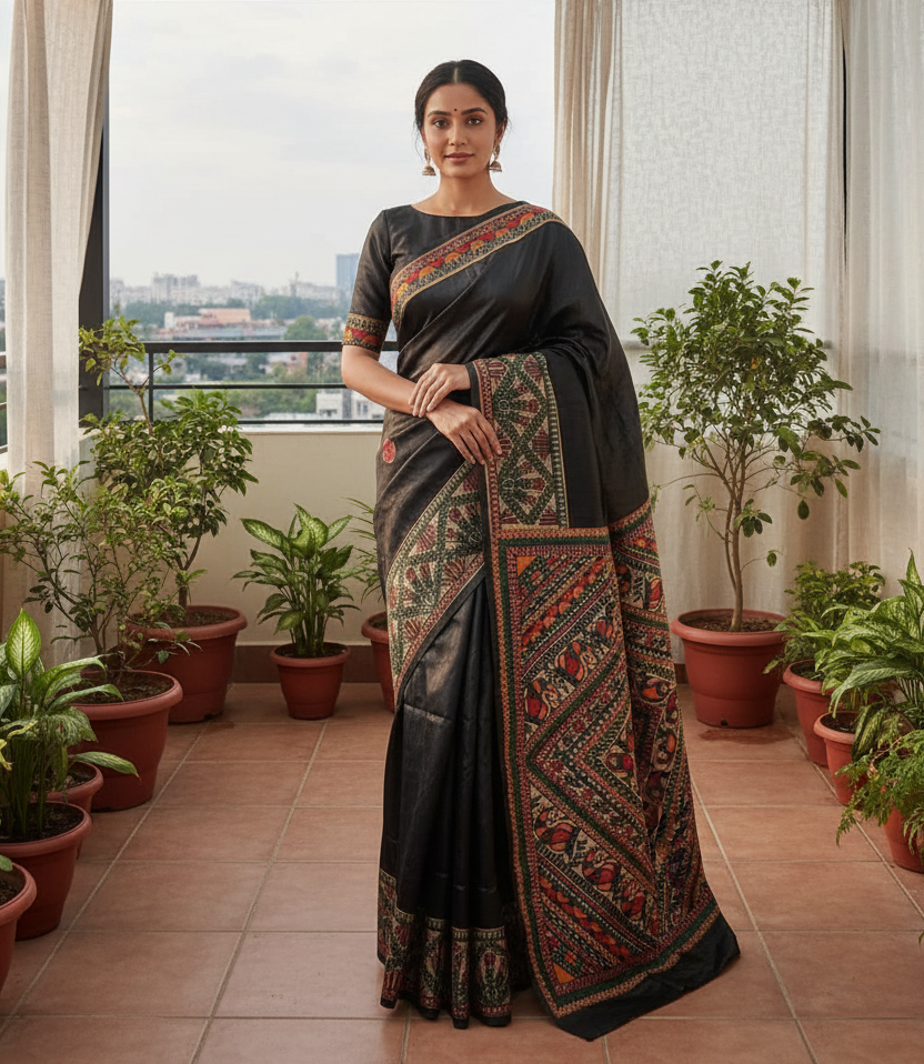 Black Tussar Ghicha Silk Saree with Madhubani Hand Painting – Traditional Handloom Art Saree