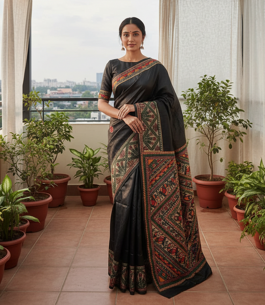 Black Tussar Ghicha Silk Saree with Madhubani Hand Painting – Traditional Handloom Art Saree