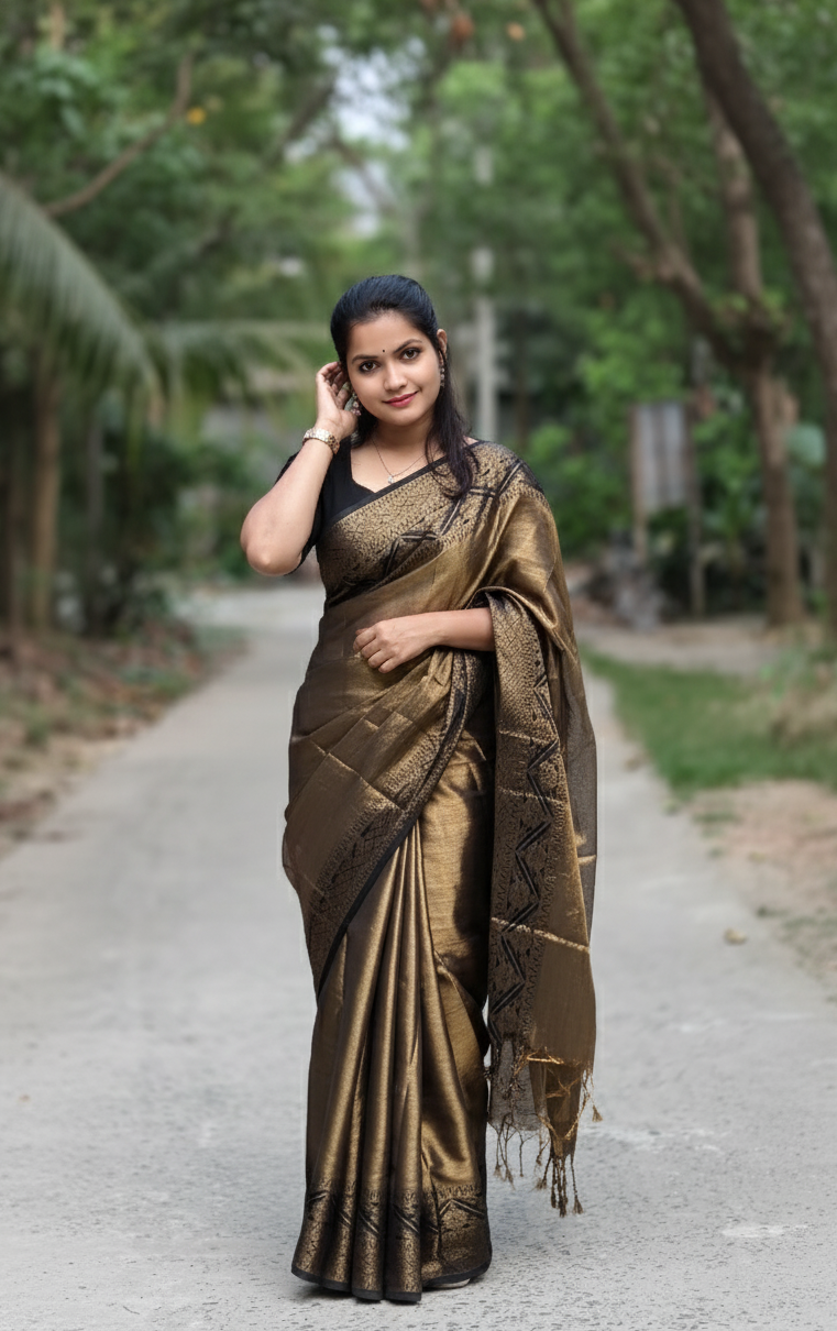 Elegant Bronze Gold Tissue Handloom Saree