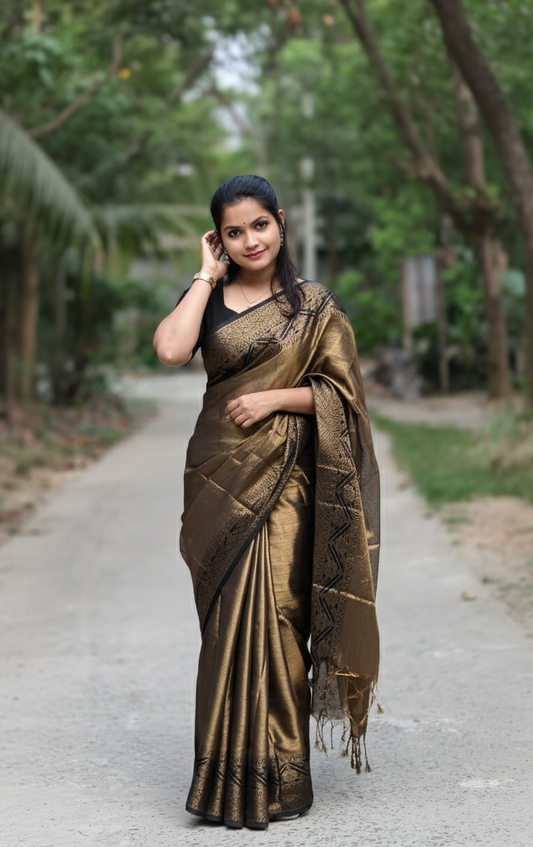 Elegant Bronze Gold Tissue Handloom Saree with Black Zari Border | Lightweight Festive & Party Wear Saree | Traditional Handwoven Silk Blend Saree for Women