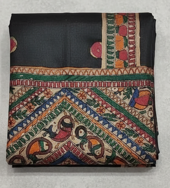 Black Tussar Ghicha Silk Saree with Madhubani Hand Painting – Traditional Handloom Art Saree