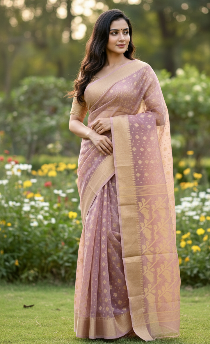 Pure Soft Cotton Jamdani Saree in Lavender Pink