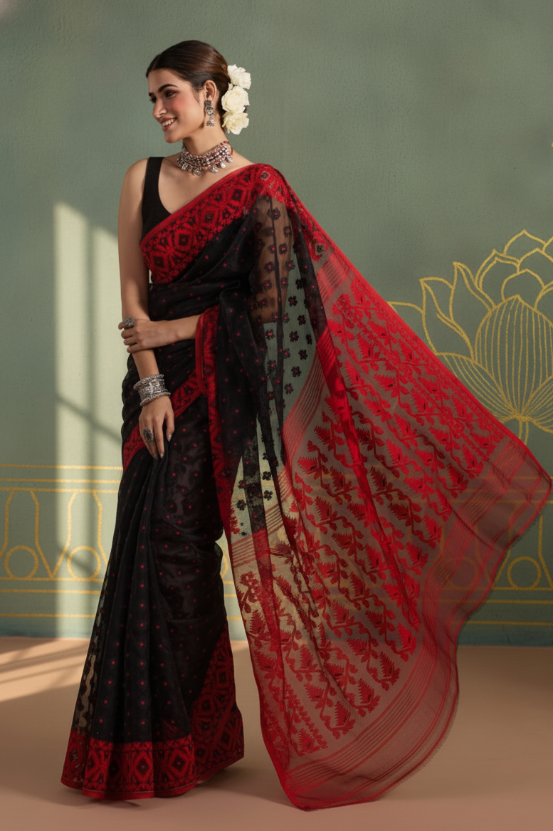 Black & Red Authentic Jamdani Saree with Intricate Thread Work