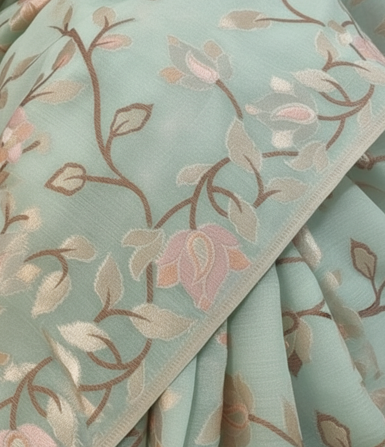Premium Muga Tassar Jamdani Saree – Elegant Pastel Green with Floral Weaves | Handwoven Bengal Jamdani | Exclusive Designer Saree for Wedding & Festive Wear