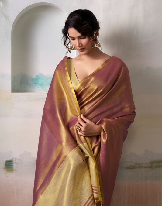 Pure Handloom Tissue Silk Saree in Mauve and Gold Zari