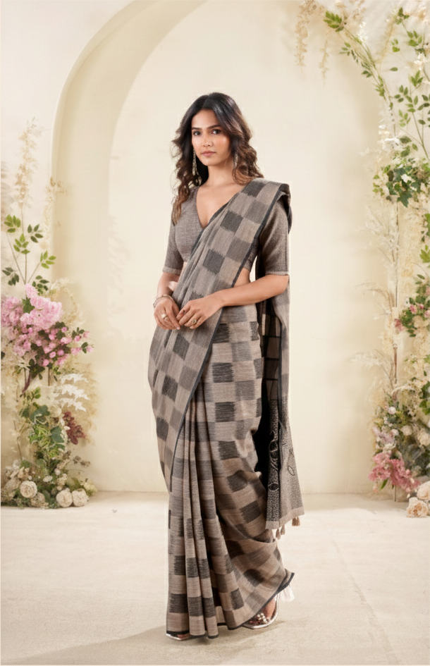 Pure Linen Silk Saree-Grey & Charcoal Checkered