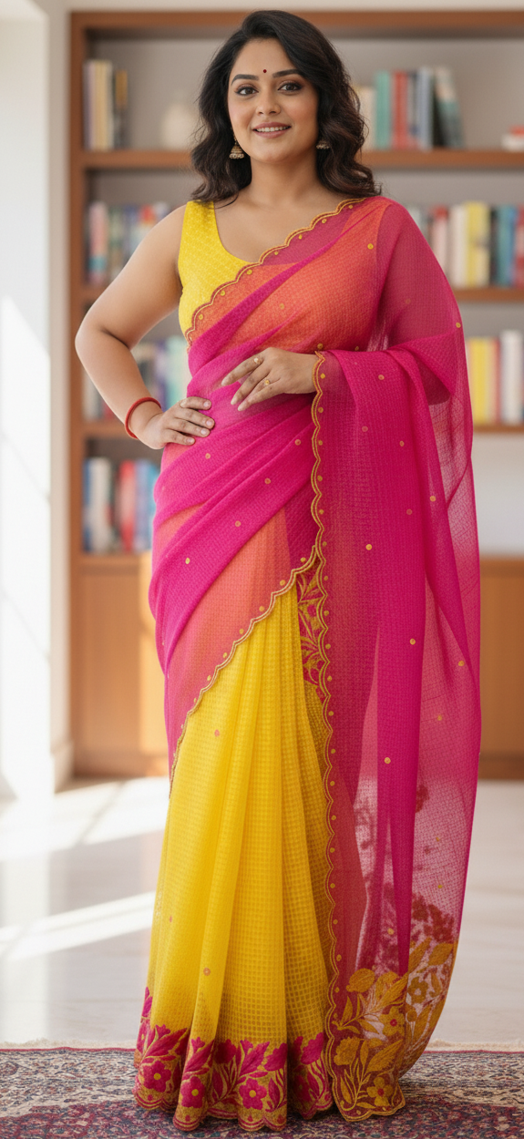 Premium Pure Cotton Kota Saree with Elegant Parsi Embroidery – Yellow & Pink Designer Party Wear