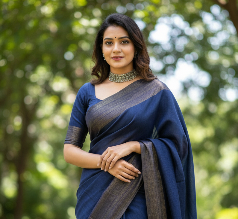 Premium Navy Blue Semi Matka Silk Saree with Matching Blouse Piece