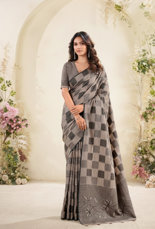 Pure Linen Silk Saree with Blouse Piece - Grey & Charcoal Checkered