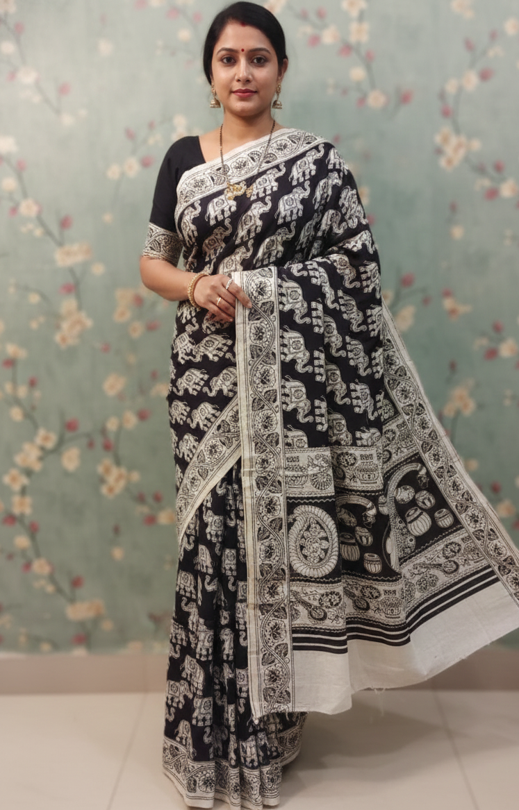 Pure Andhra Kalamkari Silk Saree with Traditional Elephant Motifs & Hand-Printed Border | Authentic Kalamkari Silk Saree with Attached Blouse Piece