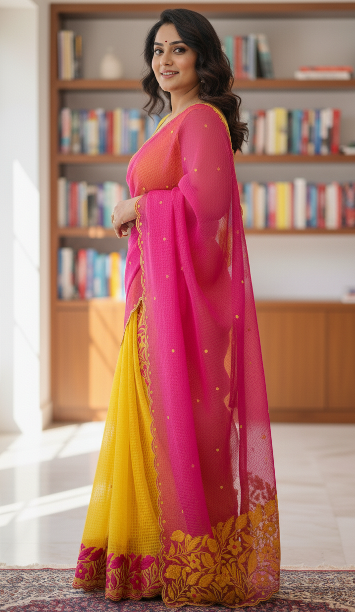 Premium Pure Cotton Kota Saree with Elegant Parsi Embroidery – Yellow & Pink Designer Party Wear