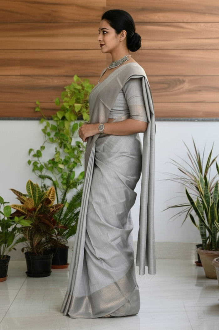 Elegant Grey Semi Matka Silk Saree with Matching Blouse Piece – Soft Lightweight Traditional Saree for Office, Festive & Wedding Wear