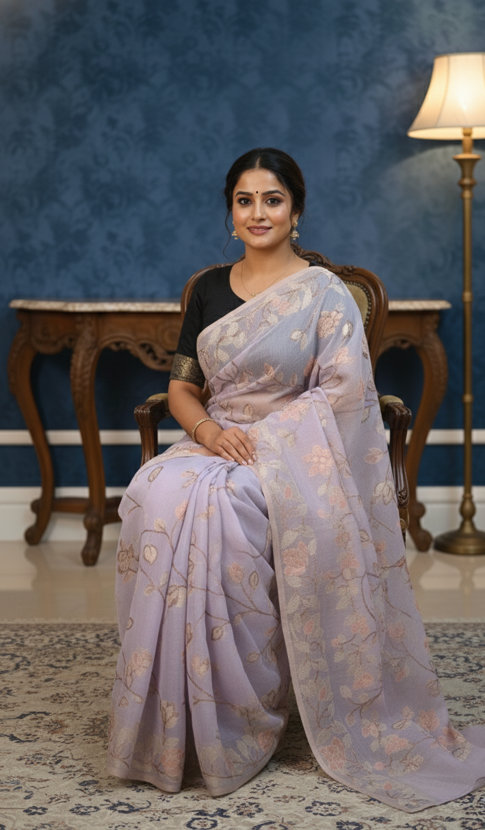 Elegant Lavender Muga Tassar Jamdani Saree