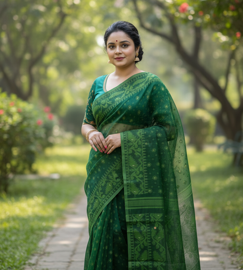 Elegant Green Pure Soft Jamdani Saree | Traditional Bengali Handwoven Cotton Saree with Intricate Weaving & Zari Detailing