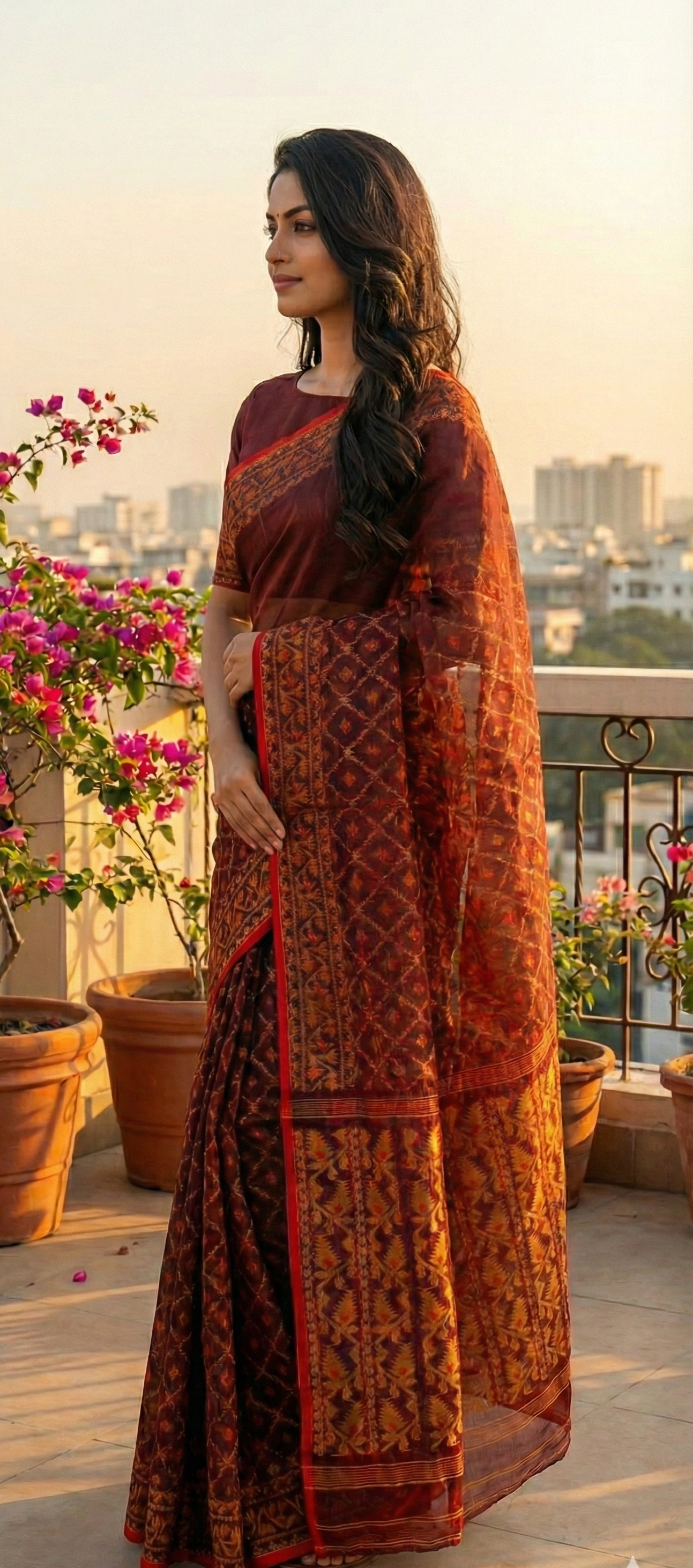 Premium Dhakai Jamdani Saree with Zari Work | Maroon & Gold Handloom Weaving | Traditional Festive Saree with Blouse Piece