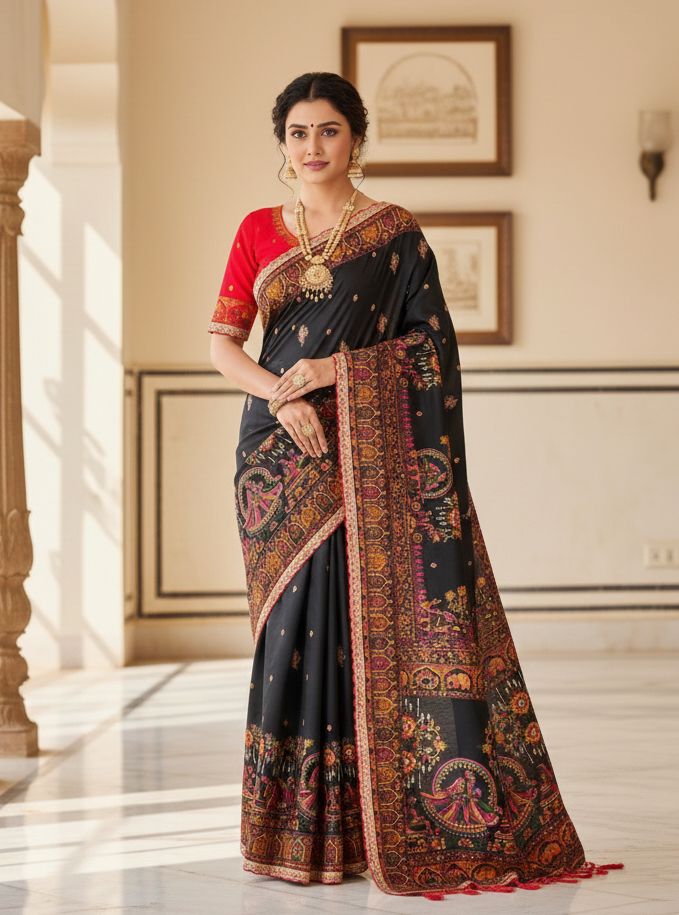 Pure Rajwadi Pashmina Silk Saree with Kashmiri Thread Work Pallu & Heavy Zari Weaving Border – Soft Pashmina Silk Saree with Butti Blouse