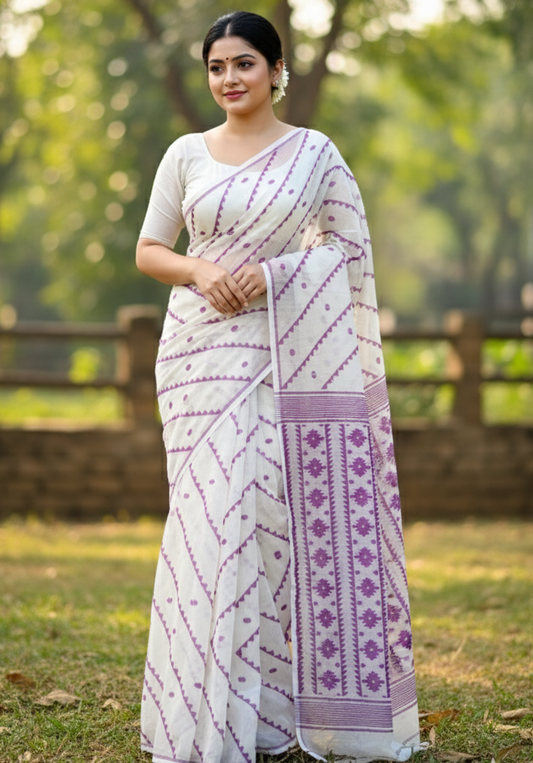 Elegant White & Purple Pure Jamdani Saree | Handwoven Soft Cotton Bengali Saree with Traditional Motifs & Contrast Border