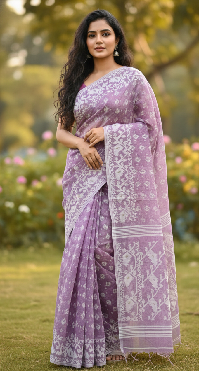 Lavender Dhakai Jamdani Saree with Mina Work | Handwoven Pure Cotton Saree with Blouse Piece | Traditional Bengali Saree for Festive & Wedding Wear
