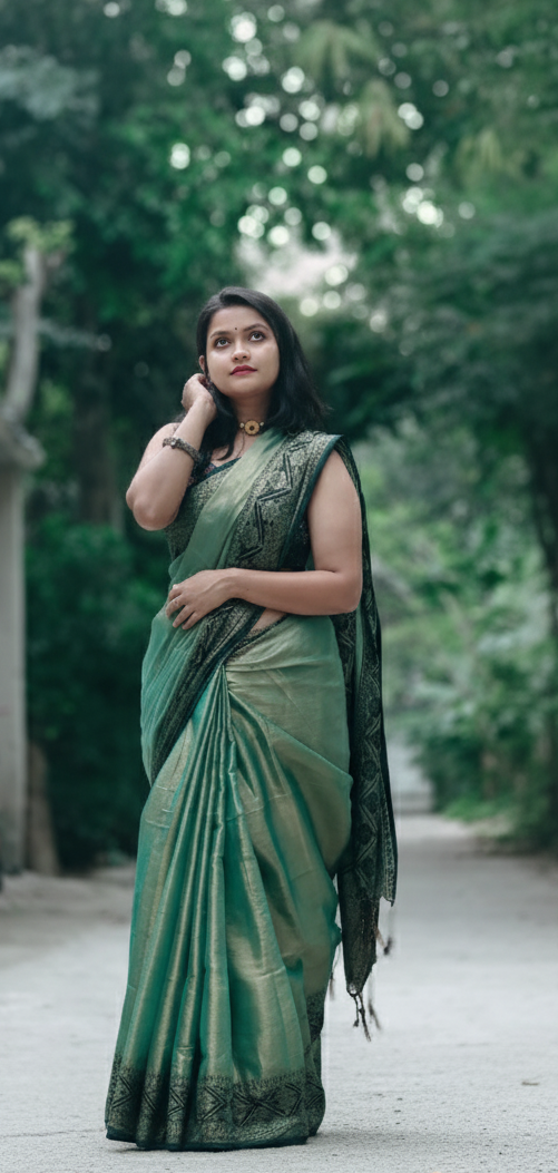 Handwoven Tissue Silk Saree with Rich Zari Brocade Pallu | Lustrous Green | Festive & Wedding Wear