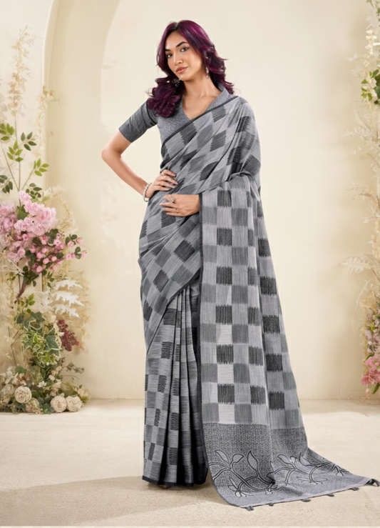 Grey Checkered Pure Linen Silk Saree with Blouse Piece
