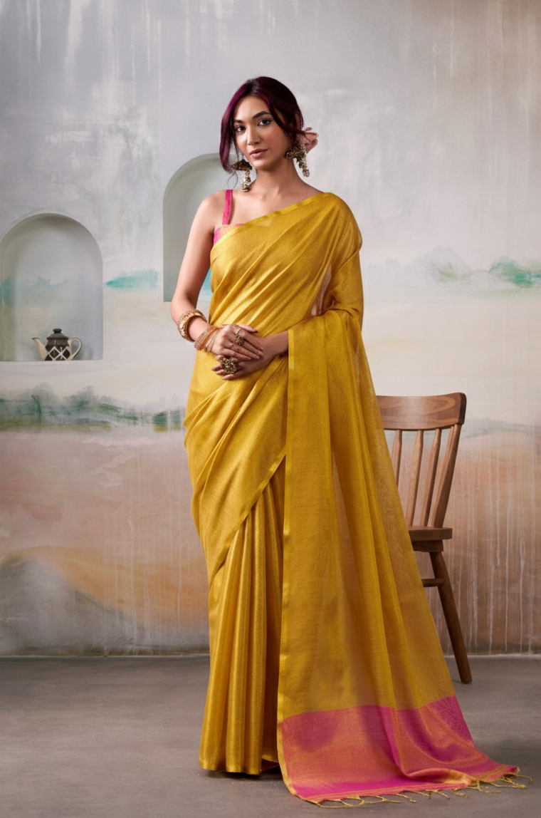 Handloom Mustard Yellow Tissue Silk Saree