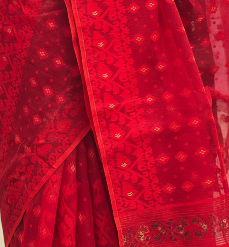Pure Soft Red Bengali Special Jamdani Saree