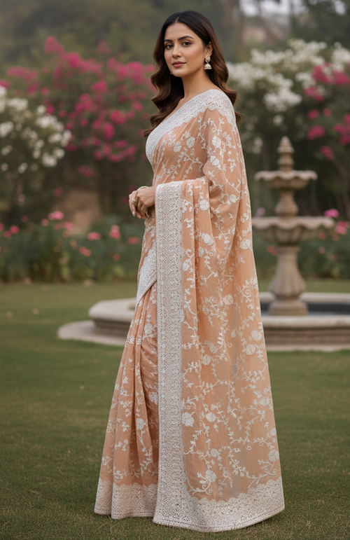 Chiffon Party Wear Saree with All-Over Thread Embroidery