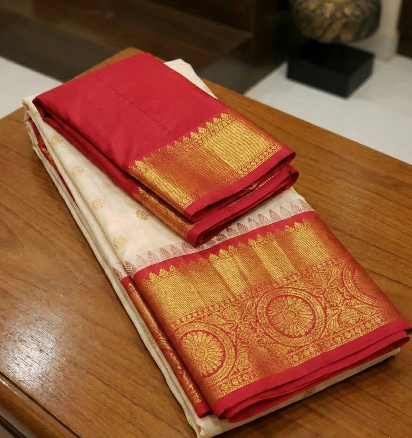 Soft Lichi Silk Saree with Rich Contrast Jacquard Border & Matching Jacquard Blouse