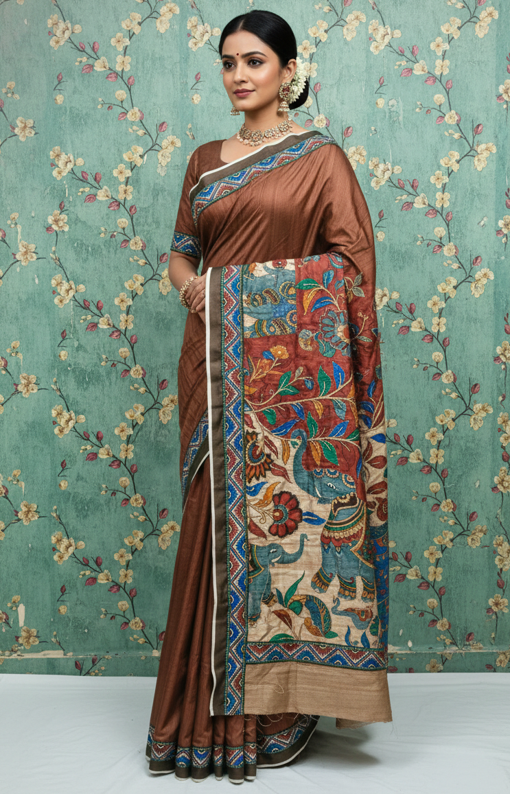 Hand Katha Stitch Manikpuri Kalamkari Silk Saree