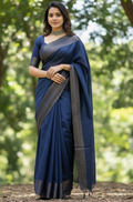 Premium Navy Blue Semi Matka Silk Saree with Matching Blouse Piece