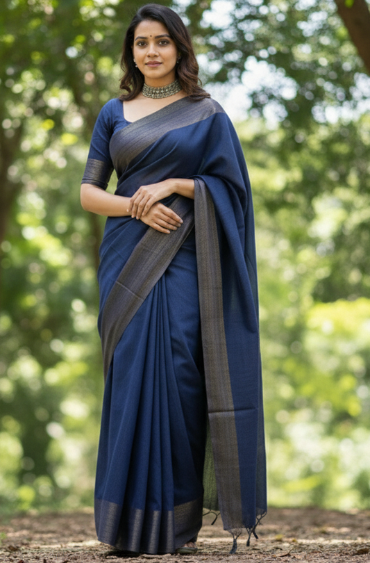 Premium Navy Blue Semi Matka Silk Saree with Matching Blouse Piece – Soft Elegant Silk Saree for Party, Festive & Wedding Wear
