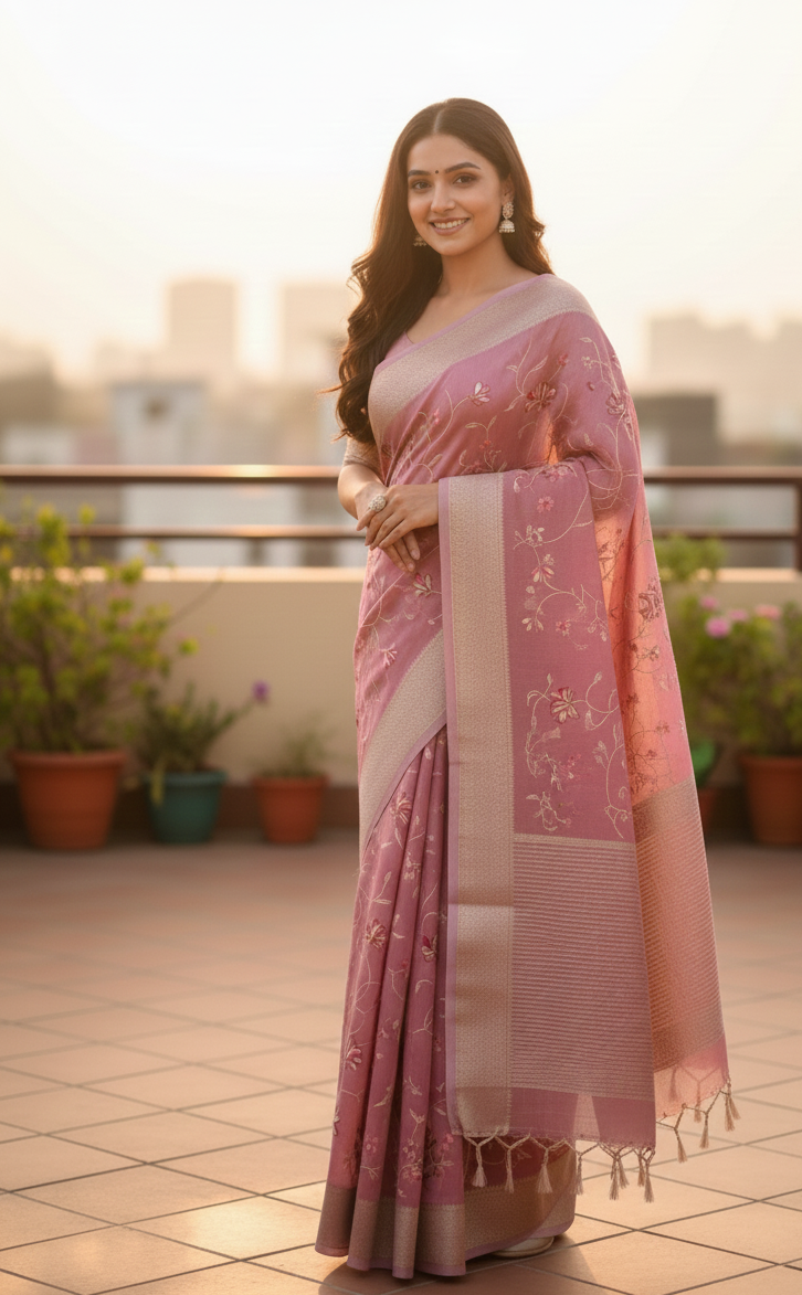Authentic Muslin Tissue Saree in Rose Pink with Delicate Floral Weaving & Zari Border | Lightweight Handloom Festive Saree with Blouse Piece