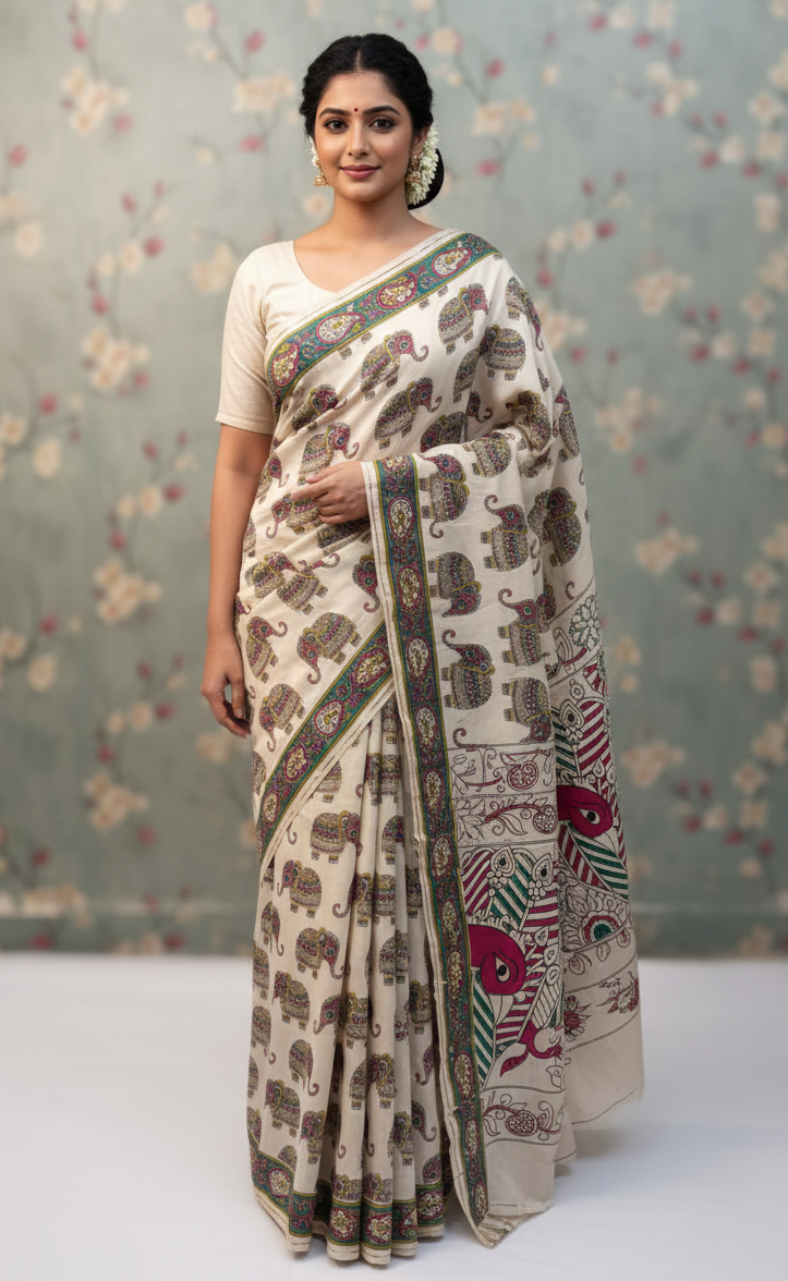 Pure Kalamkari Silk Saree with Elephant Motifs | Handcrafted Andhra Kalamkari | Premium Festive Wear