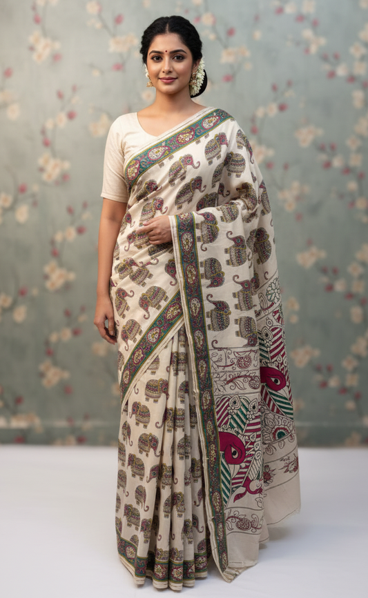 Pure Kalamkari Silk Saree with Elephant Motifs | Handcrafted Andhra Kalamkari | Premium Festive Wear