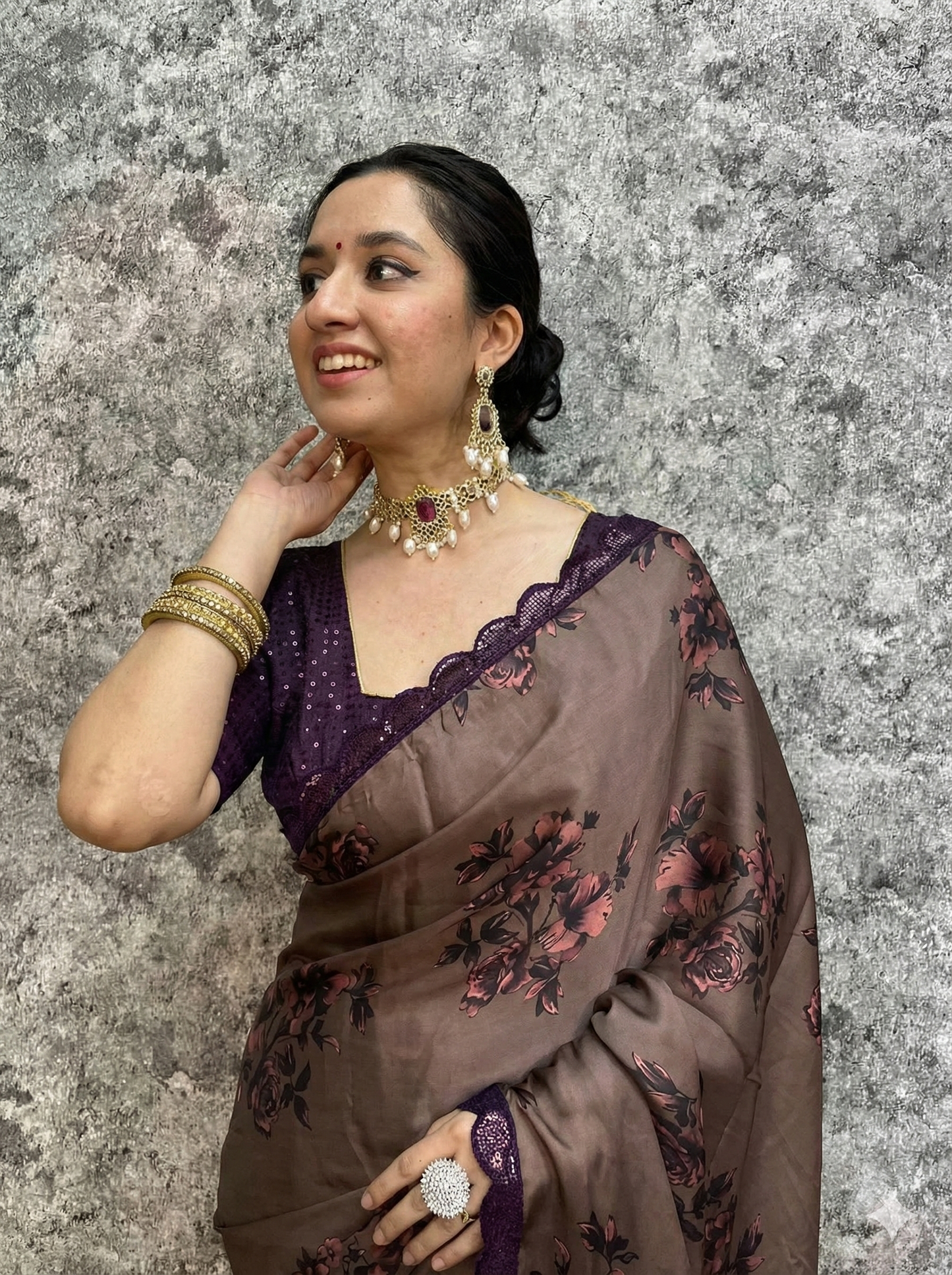 Satin Georgette Floral Digital Print Saree with Sequins Border & Blouse