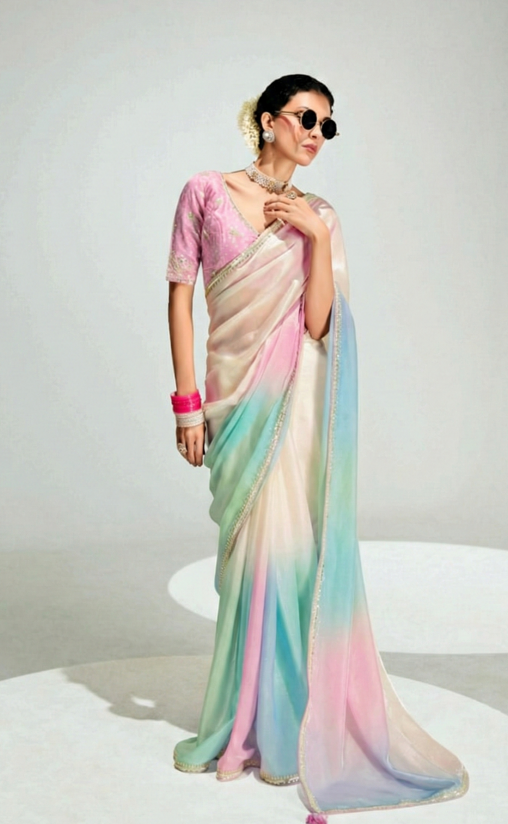 Pure Organza Tissue Silk Saree with Designer Contrast Hand-Work Blouse