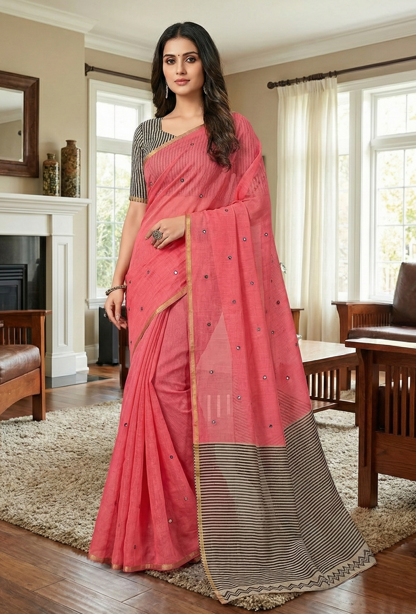 Soft Chanderi Cotton Digital Print Saree with Embroidery & Foil Mirror Work