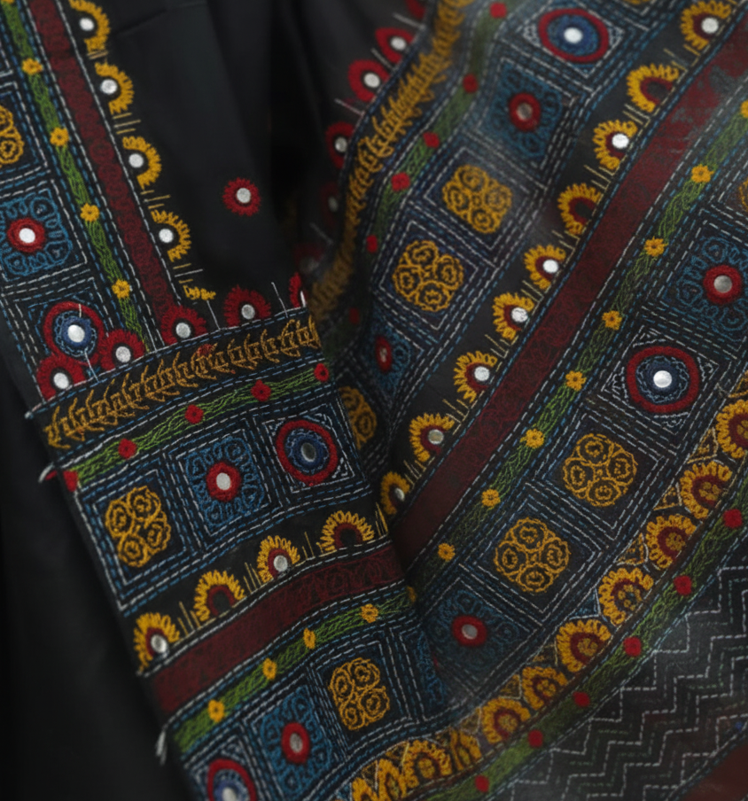 Black Bangalore Blended Silk Lambani Stitched Saree – Handcrafted Tribal Embroidery with Blouse Piece