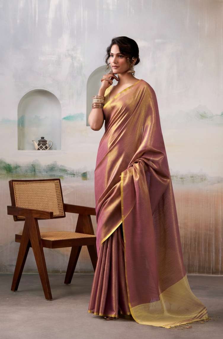 Pure Handloom Tissue Silk Saree in Mauve and Gold Zari