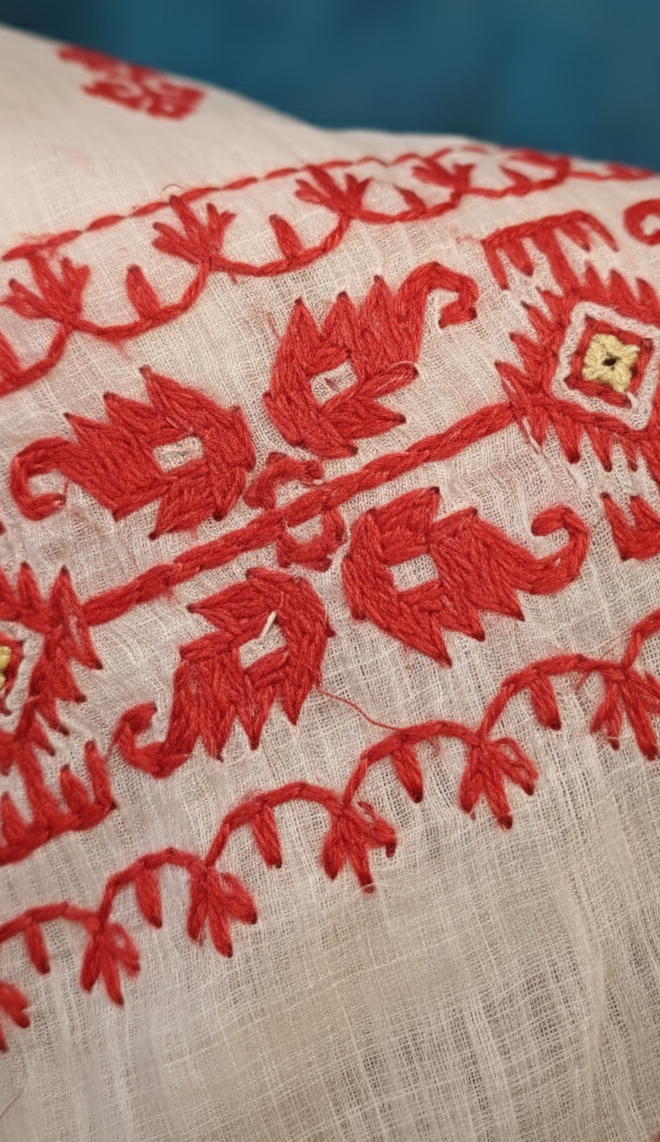 Traditional Bengal Handloom Saree with Red Kantha Stitch Embroidery