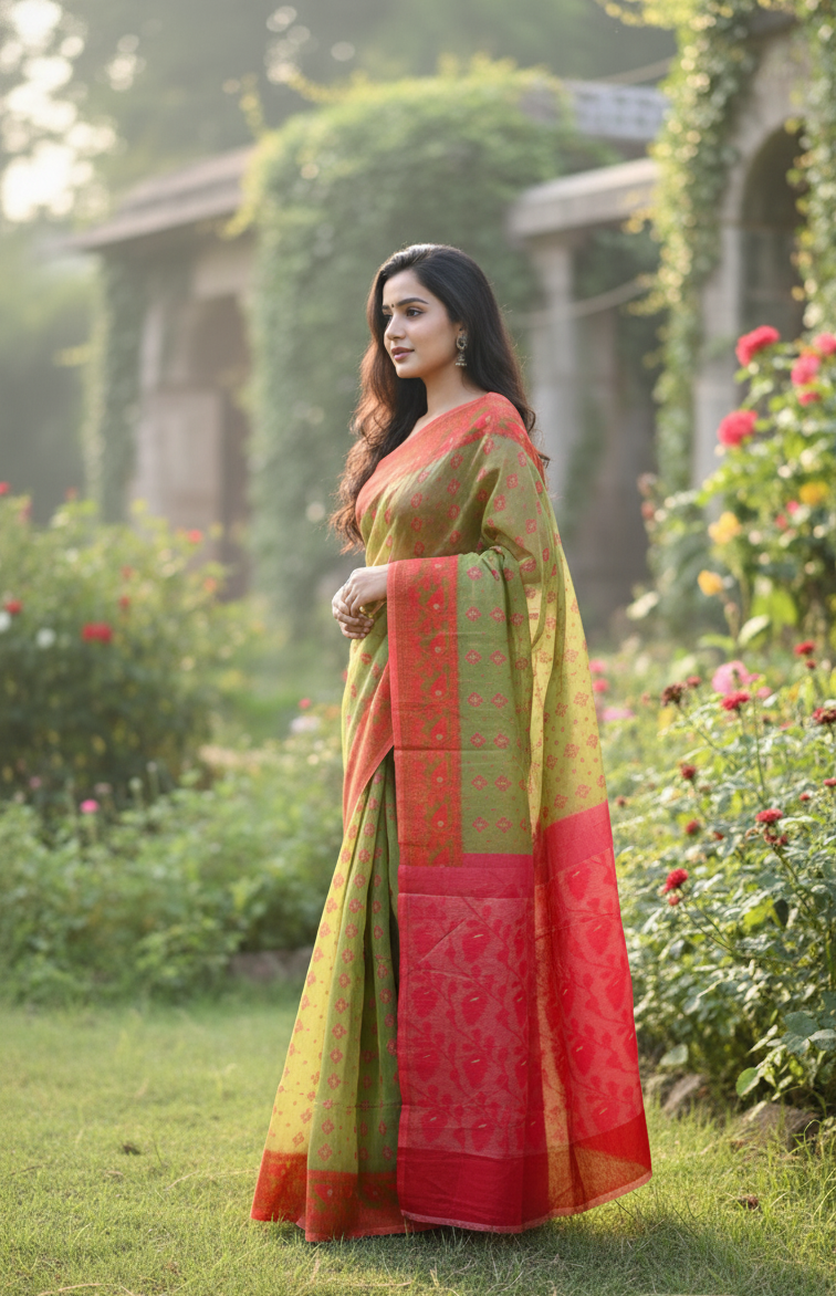 Green & Red Mina Work Dhakai Jamdani Saree