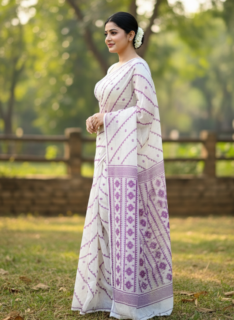 Elegant White & Purple Pure Jamdani Saree | Handwoven Soft Cotton Bengali Saree with Traditional Motifs & Contrast Border