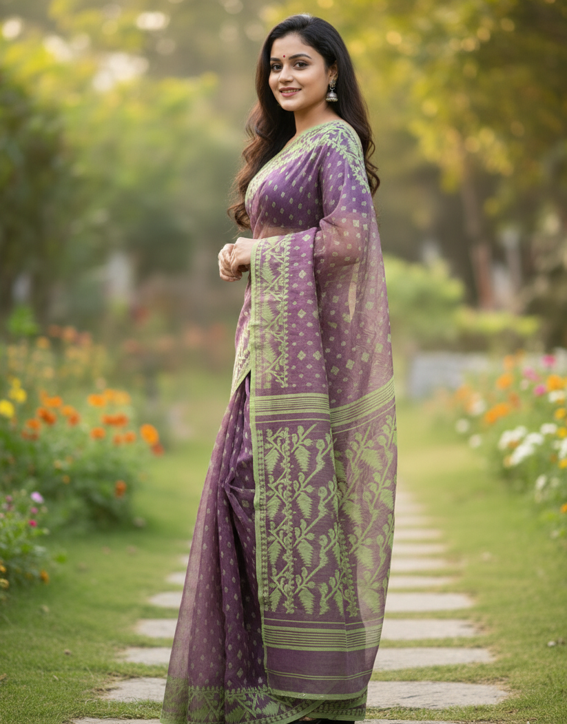 Bengal Handloom Saree | Pure Cotton Dhakai Jamdani with All-Over Work