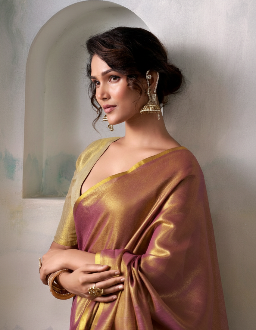 Pure Handloom Tissue Silk Saree in Mauve and Gold Zari